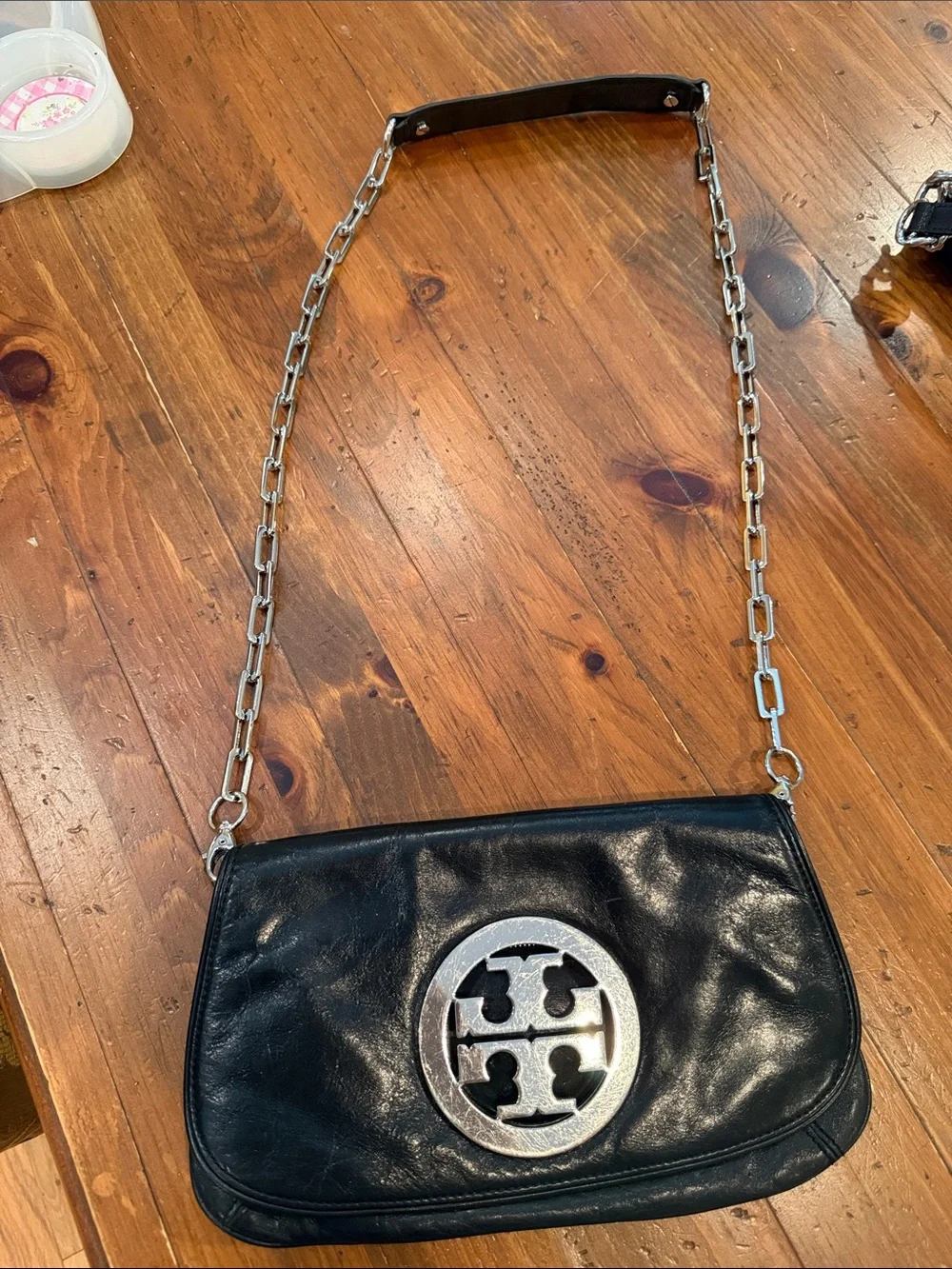 Tory Burch Black Leather Clutch with Silver Logo Accent